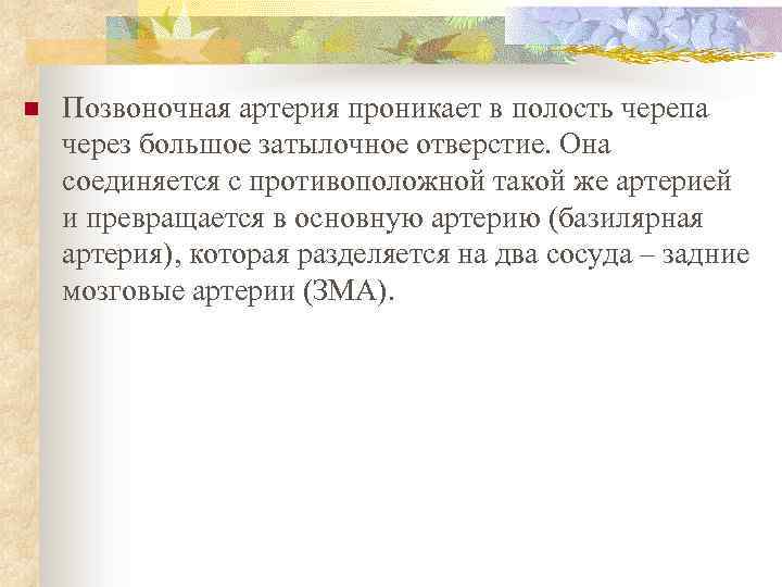 n Позвоночная артерия проникает в полость черепа через большое затылочное отверстие. Она соединяется с