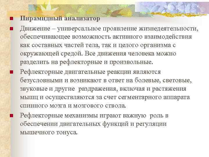 n n Пирамидный анализатор Движение – универсальное проявление жизнедеятельности, обеспечивающее возможность активного взаимодействия как