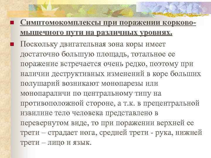 n n Симптомокомплексы при поражении корковомышечного пути на различных уровнях. Поскольку двигательная зона коры