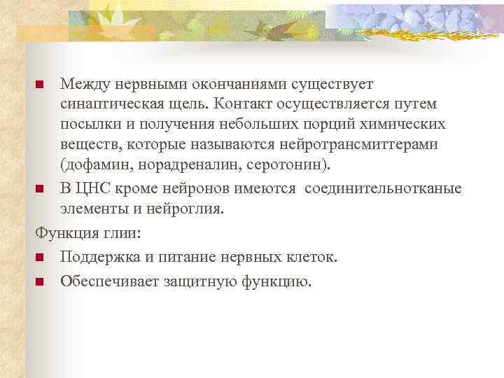 Между нервными окончаниями существует синаптическая щель. Контакт осуществляется путем посылки и получения небольших порций