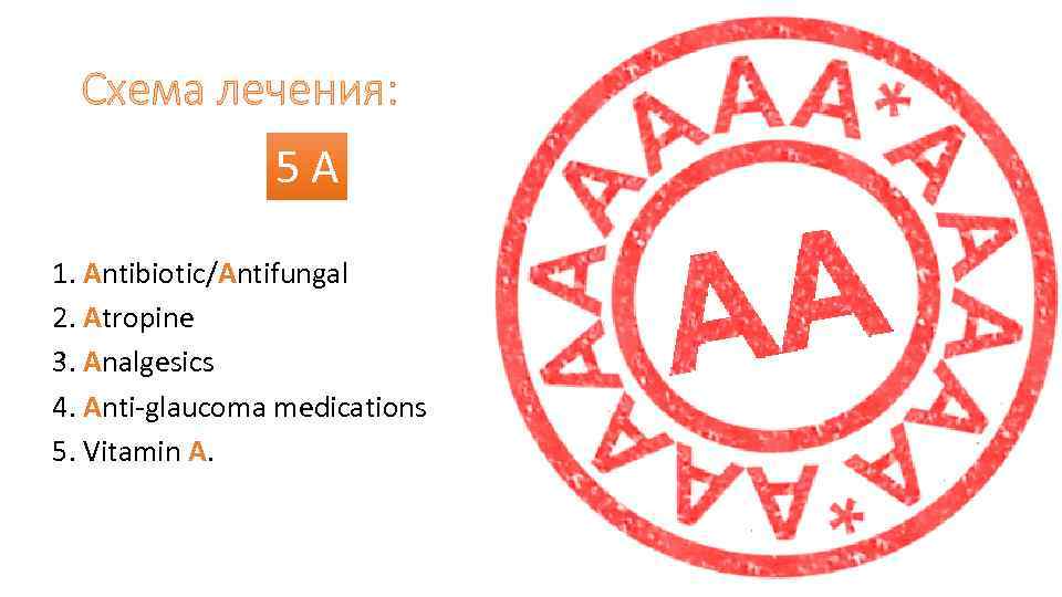 Схема лечения: 5 А 1. Antibiotic/Аntifungal 2. Atropine 3. Analgesics 4. Anti-glaucoma medications 5.