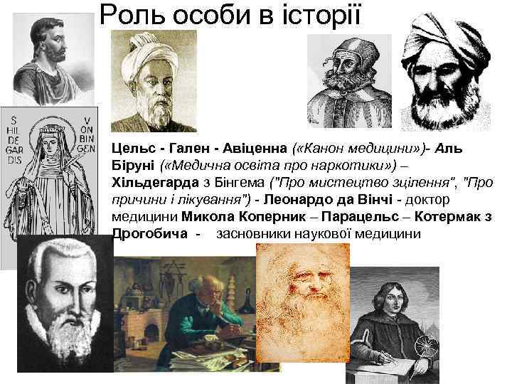 Роль особи в історії Цельс - Гален - Авіценна ( «Канон медицини» )- Аль