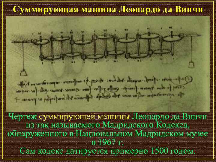 Суммирующая машина Леонардо да Винчи Чертеж суммирующей машины Леонардо да Винчи из так называемого