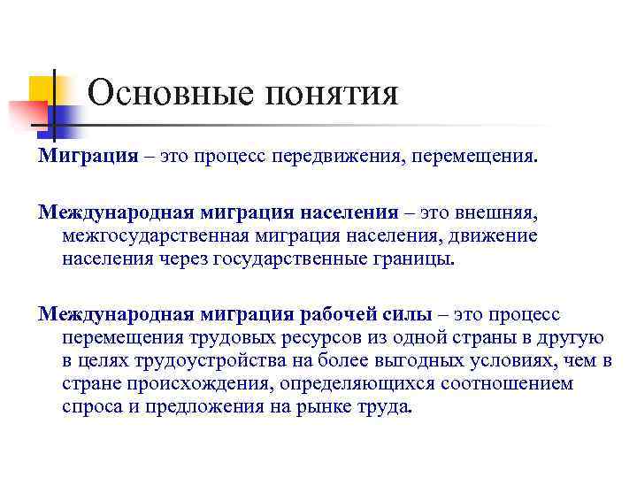 Основные понятия Миграция – это процесс передвижения, перемещения. Международная миграция населения – это внешняя,