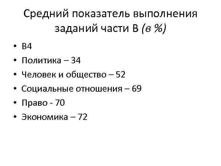 Средний показатель выполнения заданий части В (в %) • • • В 4 Политика