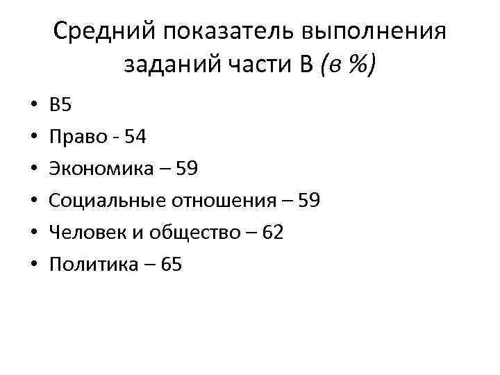 Средний показатель выполнения заданий части В (в %) • • • В 5 Право