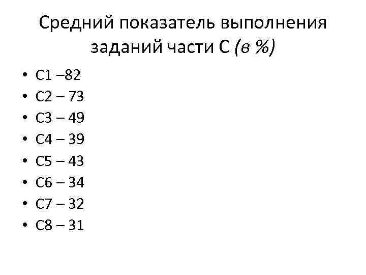 Средний показатель выполнения заданий части С (в %) • • С 1 – 82