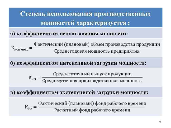 Степень использования производственных мощностей характеризуется : а) коэффициентом использования мощности: б) коэффициентом интенсивной загрузки