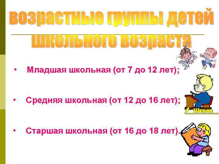  • Младшая школьная (от 7 до 12 лет); • Средняя школьная (от 12