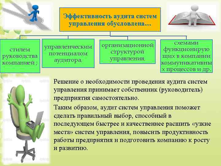 Эффективность аудита систем управления обусловлена… стилем руководства компанией ; управленческим потенциалом аудитора; организационной структурой