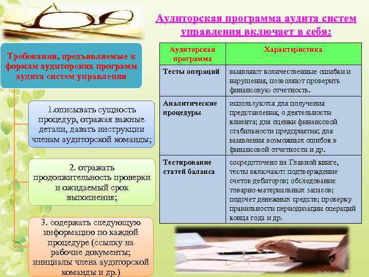 Аудиторская программа аудита систем управления включает в себя: Требования, предъявляемые к формам аудиторских программ
