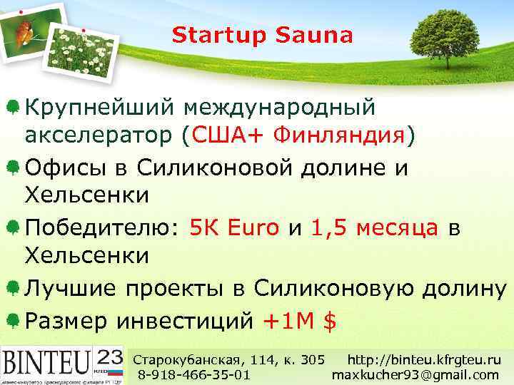 Startup Sauna Крупнейший международный акселератор (США+ Финляндия) Офисы в Силиконовой долине и Хельсенки Победителю: