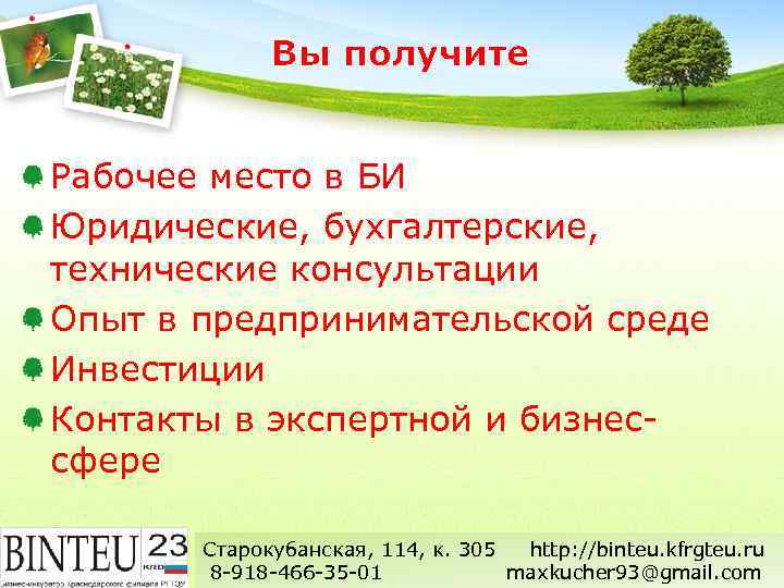 Вы получите Рабочее место в БИ Юридические, бухгалтерские, технические консультации Опыт в предпринимательской среде