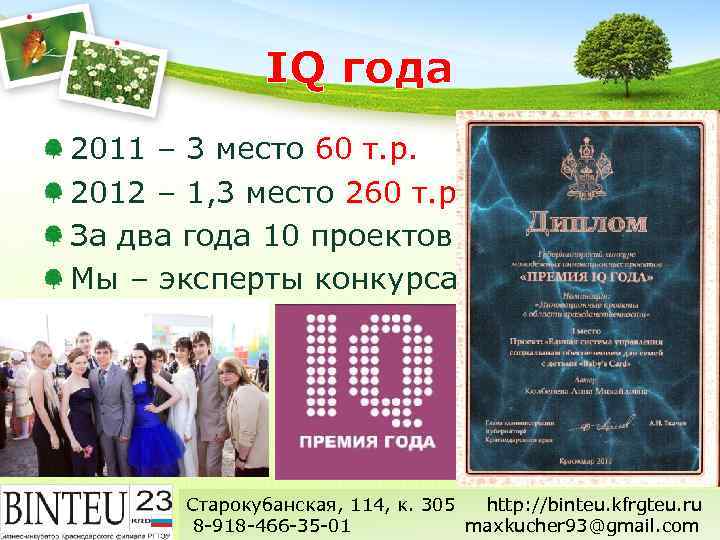 IQ года 2011 – 3 место 60 т. р. 2012 – 1, 3 место