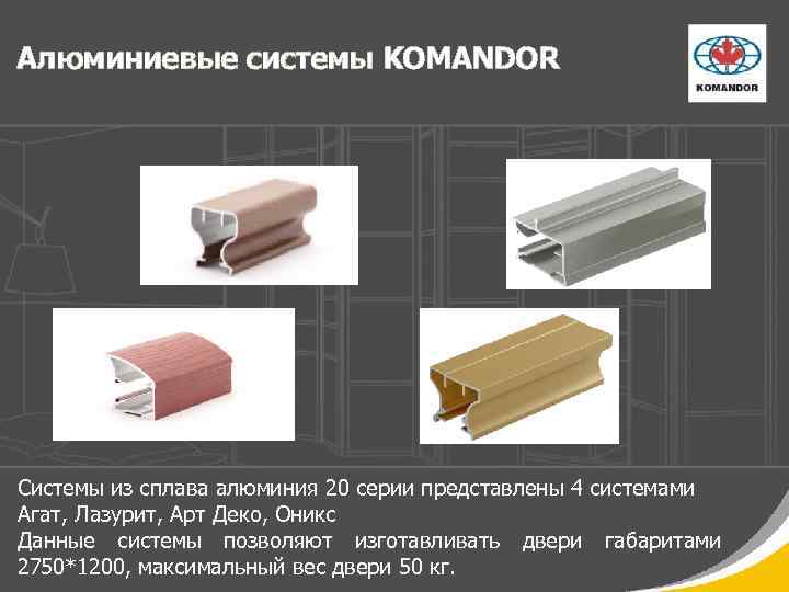 Алюминиевые системы KOMANDOR Системы из сплава алюминия 20 серии представлены 4 системами Агат, Лазурит,