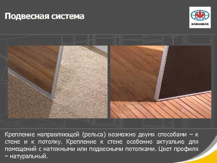 Подвесная система Крепление направляющей (рельса) возможно двумя способами – к стене и к потолку.