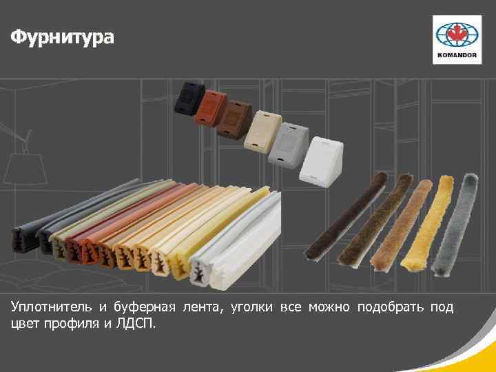 Фурнитура Уплотнитель и буферная лента, уголки все можно подобрать под цвет профиля и ЛДСП.