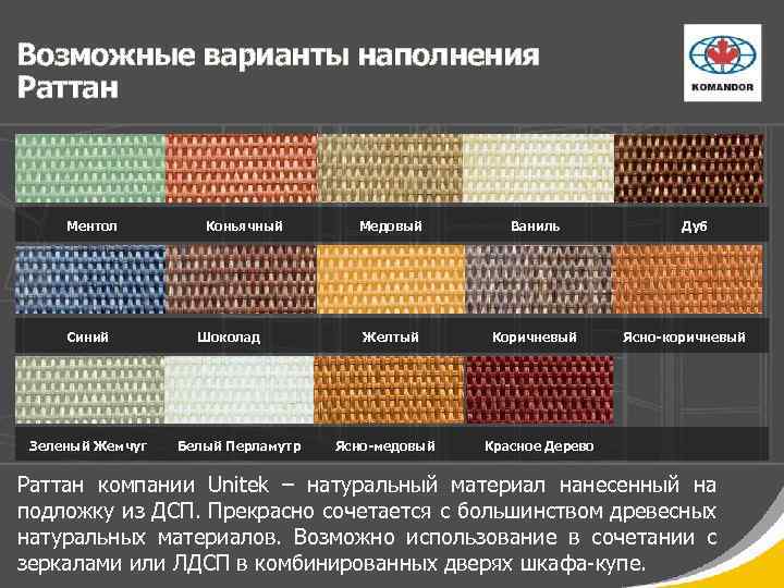 Возможные варианты наполнения Раттан Ментол Синий Зеленый Жемчуг Коньячный Шоколад Белый Перламутр Медовый Ваниль