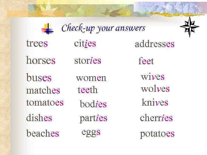Check-up your answers trees cities addresses horses buses stories feet wives wolves knives cherries