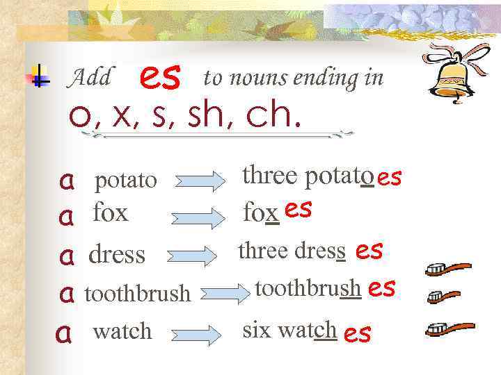 Add es to nouns ending in o, x, s, sh, ch. a a a