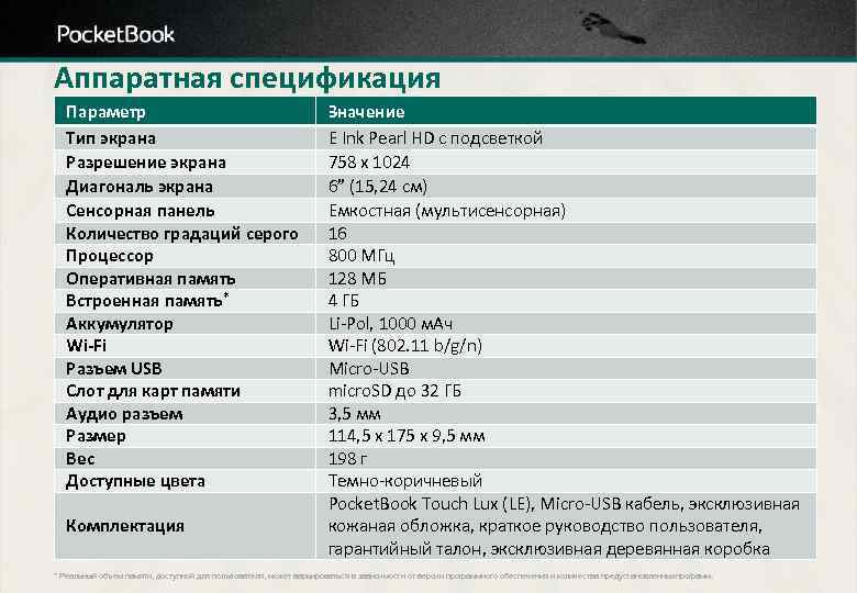 Аппаратная спецификация Параметр Тип экрана Разрешение экрана Диагональ экрана Сенсорная панель Количество градаций серого