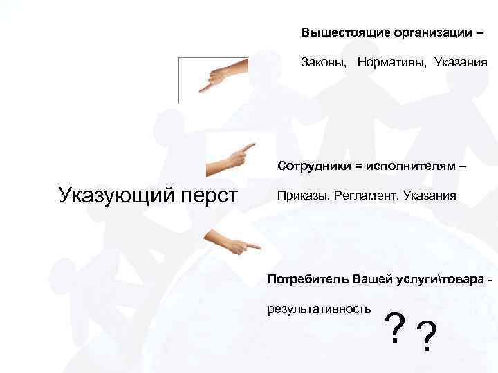 Вышестоящие организации – Законы, Нормативы, Указания Сотрудники = исполнителям – Указующий перст Приказы, Регламент,