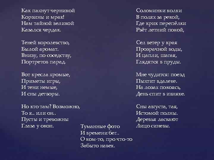 Как пахнут черникой Корзины и мрак! Нам тайной великой Казался чердак. Соломинки колки В