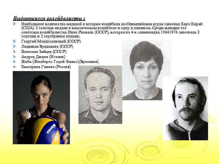 Выдающиеся волейболисты : Ø Ø Ø Ø Наибольшее количество медалей в истории волейбола на