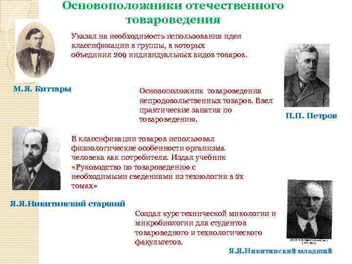 Основоположники отечественного товароведения Указал на необходимость использования идеи классификации в группы, в которых объединил
