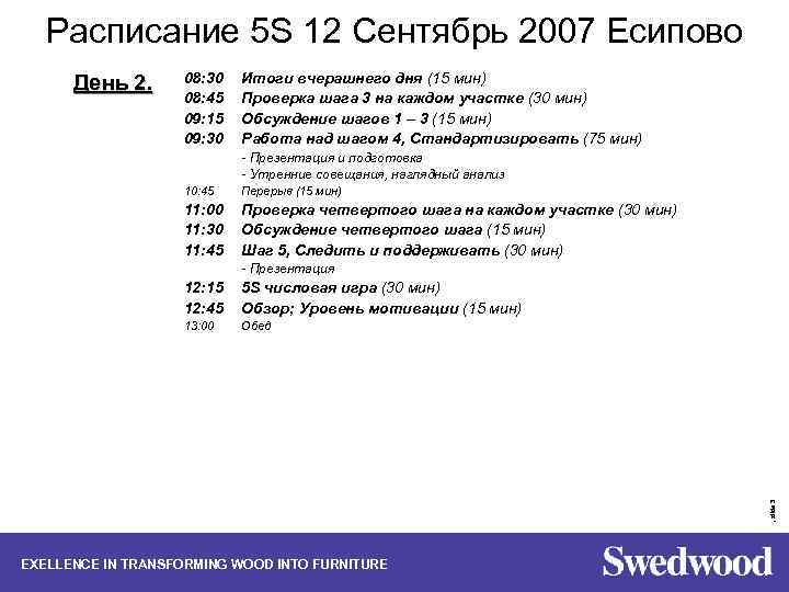 Расписание 5 S 12 Сентябрь 2007 Eсипoвo День 2. 08: 30 08: 45 09: