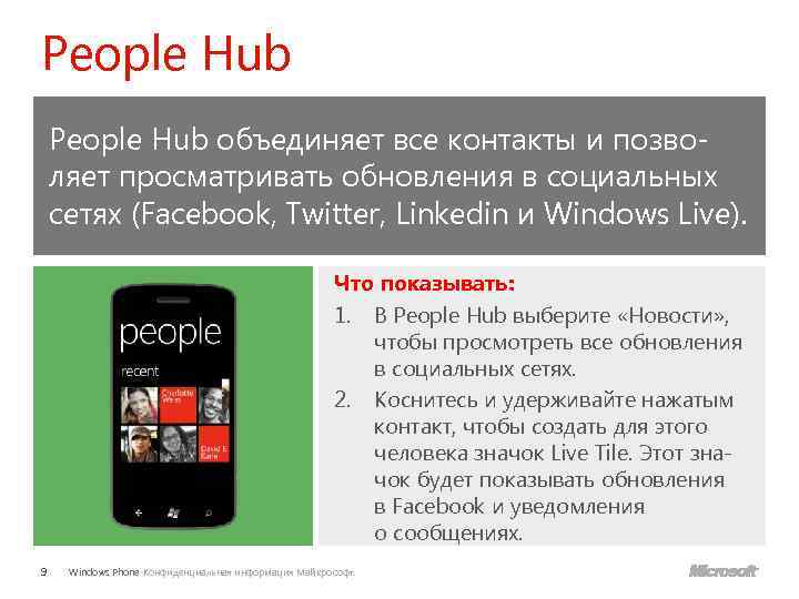 People Hub объединяет все контакты и позволяет просматривать обновления в социальных сетях (Facebook, Twitter,