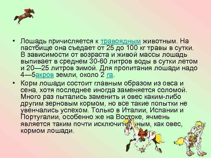  • Лошадь причисляется к травоядным животным. На пастбище она съедает от 25 до