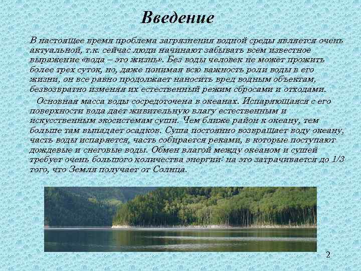 Введение В настоящее время проблема загрязнения водной среды является очень актуальной, т. к. сейчас