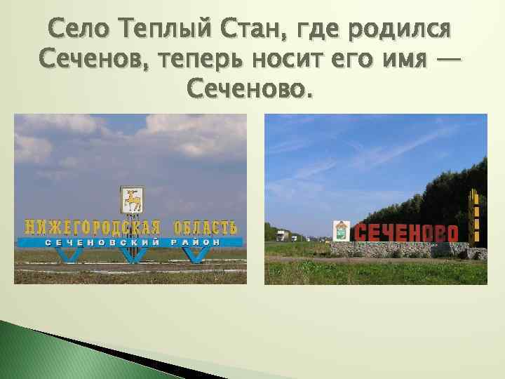 Село Теплый Стан, где родился Сеченов, теперь носит его имя — Сеченово. 