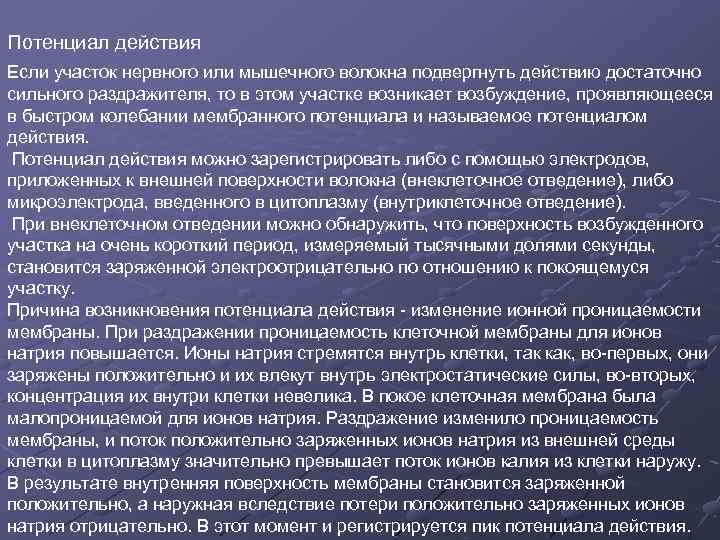 Потенциал действия Если участок нервного или мышечного волокна подвергнуть действию достаточно сильного раздражителя, то