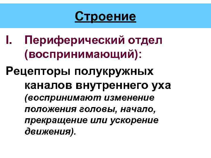 Строение I. Периферический отдел (воспринимающий): Рецепторы полукружных каналов внутреннего уха (воспринимают изменение положения головы,