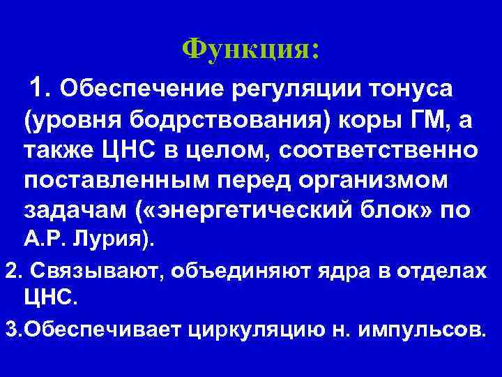 Функция: 1. Обеспечение регуляции тонуса (уровня бодрствования) коры ГМ, а также ЦНС в целом,