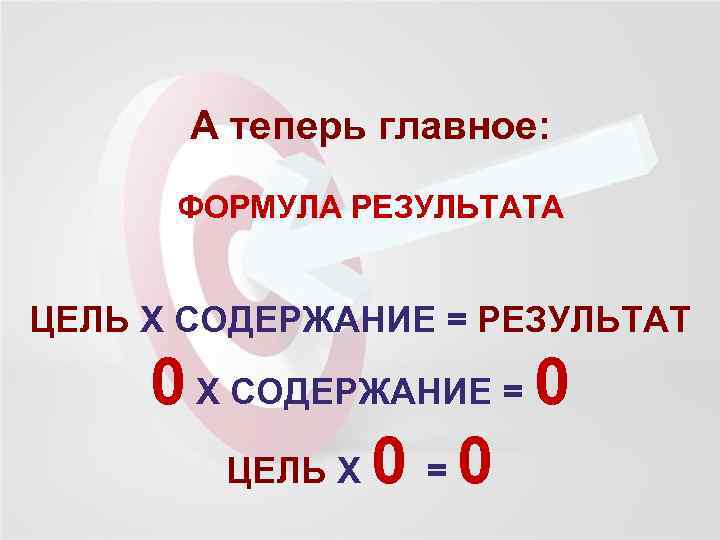 А теперь главное: ФОРМУЛА РЕЗУЛЬТАТА ЦЕЛЬ Х СОДЕРЖАНИЕ = РЕЗУЛЬТАТ 0 Х СОДЕРЖАНИЕ =