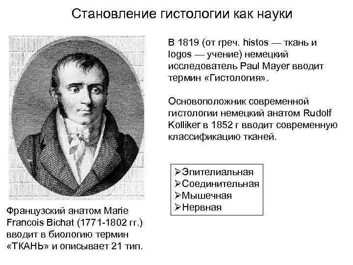 Становление гистологии как науки В 1819 (от греч. histos — ткань и logos —