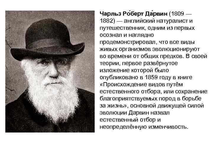 Чарльз Ро берт Да рвин (1809 — 1882) — английский натуралист и путешественник, одним