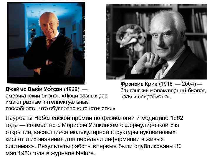 Джеймс Дью и Уо тсон (1928) — американский биолог. «Люди разных рас имеют разные