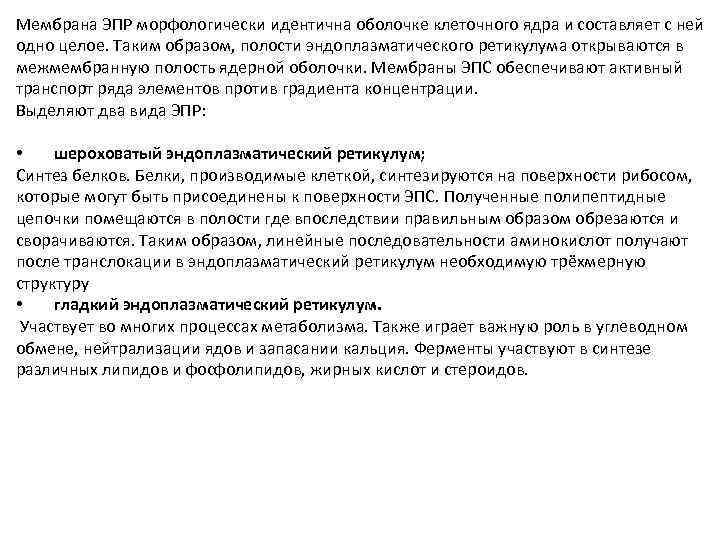 Мембрана ЭПР морфологически идентична оболочке клеточного ядра и составляет с ней одно целое. Таким