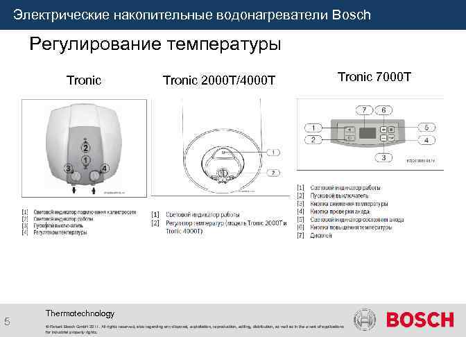 Электрические накопительные водонагреватели Bosch Регулирование температуры Tronic 5 Tronic 2000 T/4000 T Tronic 7000