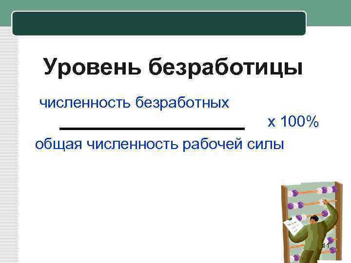 Уровень безработицы численность безработных х 100% общая численность рабочей силы 11 