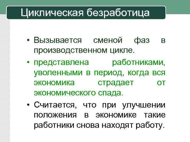 Циклическая безработица • Вызывается сменой фаз в производственном цикле. • представлена работниками, уволенными в