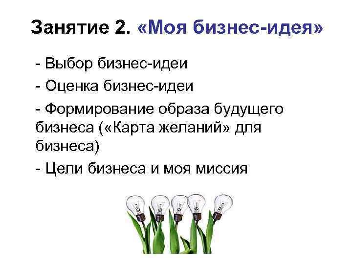 Занятие 2. «Моя бизнес-идея» - Выбор бизнес-идеи - Оценка бизнес-идеи - Формирование образа будущего