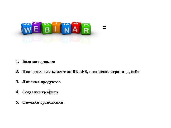 = 1. База материалов 2. Площадка для клиентов: ВК, ФБ, подписная страница, сайт 3.