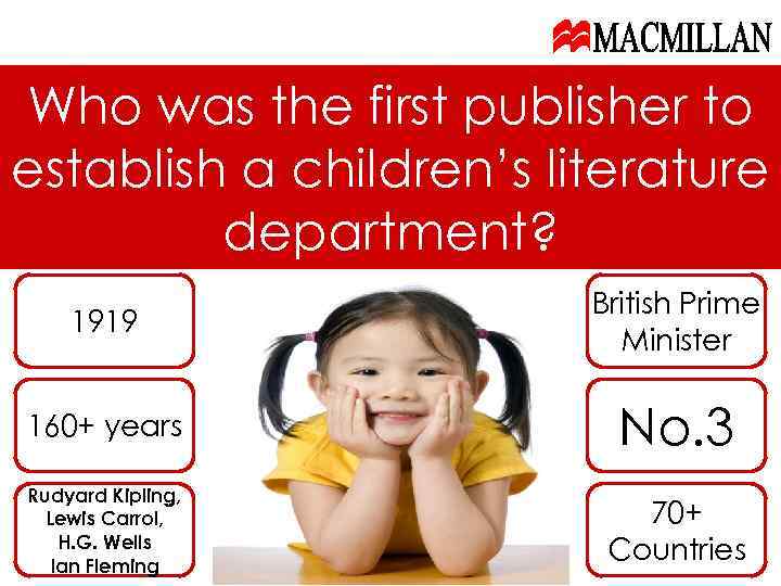 Who was the first publisher to establish a children’s literature department? 1919 British Prime