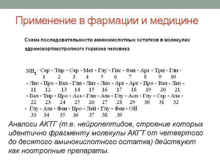 Применение в фармации и медицине Аналоги АКТГ (т. е. нейропептидов, строение которых идентично фрагменту