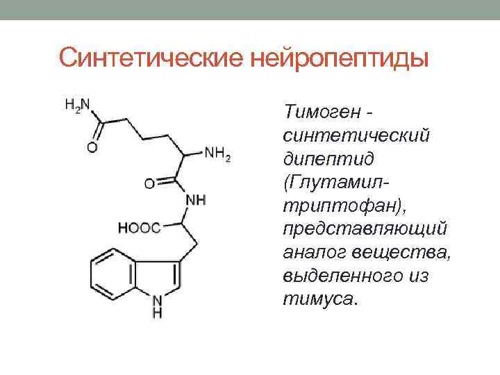  Синтетические нейропептиды Тимоген - синтетический дипептид (Глутамилтриптофан), представляющий аналог вещества, выделенного из тимуса.